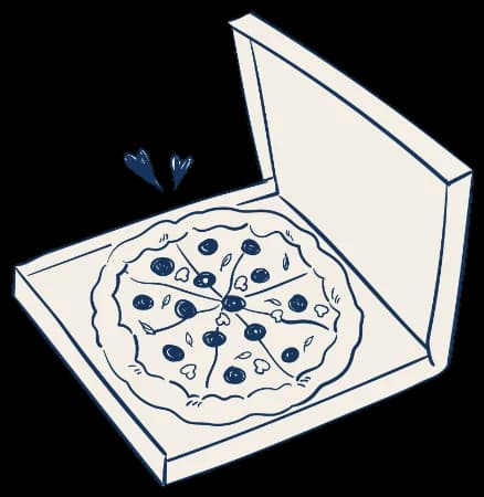 Une pizza dans sa boîte ouverte, dessinée à la main