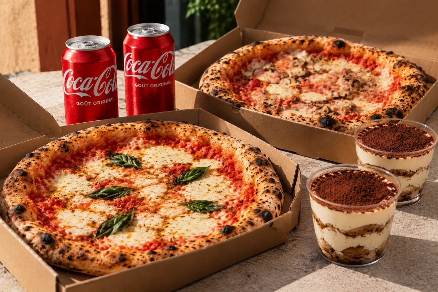 Deux pizzas, deux boissons et deux tiramisus
