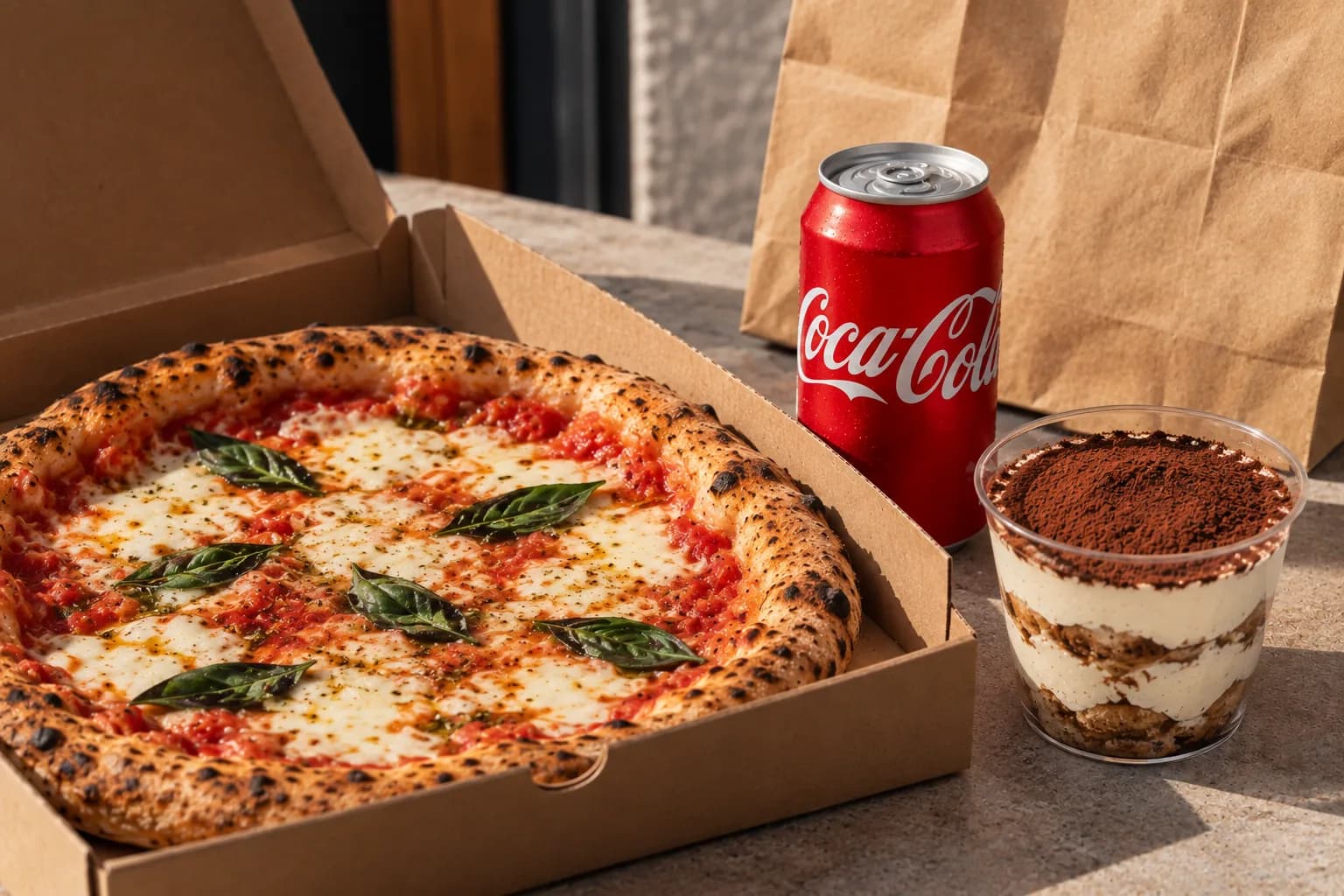Une pizza dans sa boîte, une boisson et un tiramisu